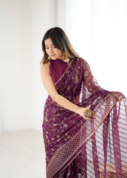 Georgette Patta Foil Work Saree